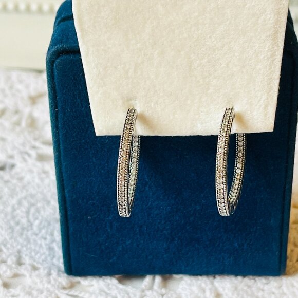 Pandora Large Pave Hoops Sterling Silver Sparkle and Hearts - Picture 10 of 10